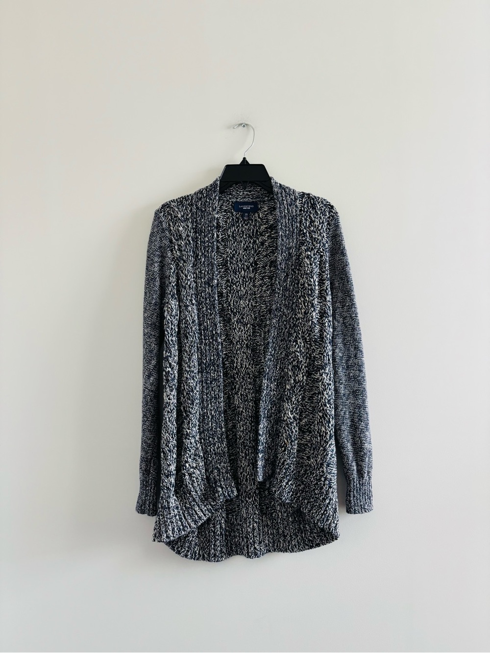Lands End Cable Marled Knit Cardigan Sweater Blue White Cotton Womens XS Preppy